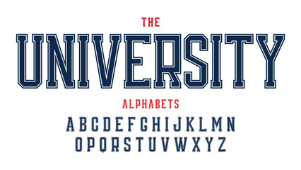 Classic university font. Vintage sport serif font in american style for football, soccer, baseball and basketball. Alphabet and numbers with outline in varsity style
