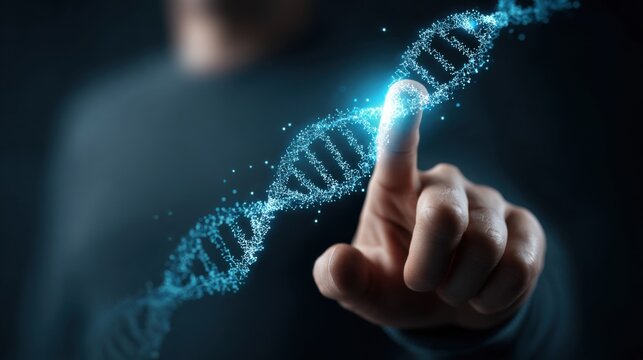 A person is pointing at a DNA strand with a blue glow. Concept of the importance of DNA and its role in our lives