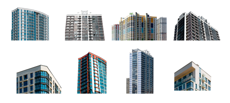 Contemporary apartment building with balconies and glass windows. Tall high rise residential tower