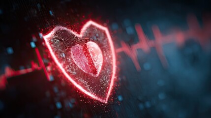 Dynamic digital heart shield pulses with vibrant energy against a backdrop of glowing cardiogram waves, symbolizing protection and health in modern technology