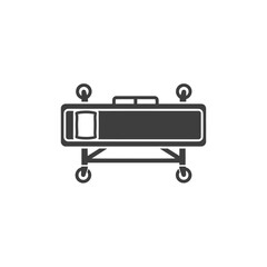 Simple dark grey icon of a medical gurney or hospital bed with wheels, viewed from above.