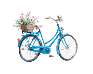 Fototapeta premium A vibrant blue bicycle with a basket of flowers