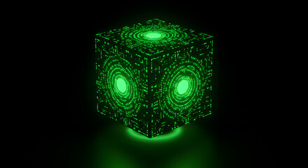 Futuristic glowing cube pulsates with vibrant green digital data and intricate circuitry patterns