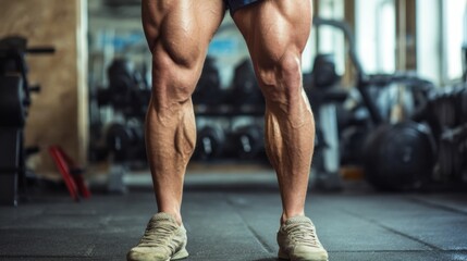 Obraz premium A man with very large legs stands in a gym. He is wearing a pair of white sneakers