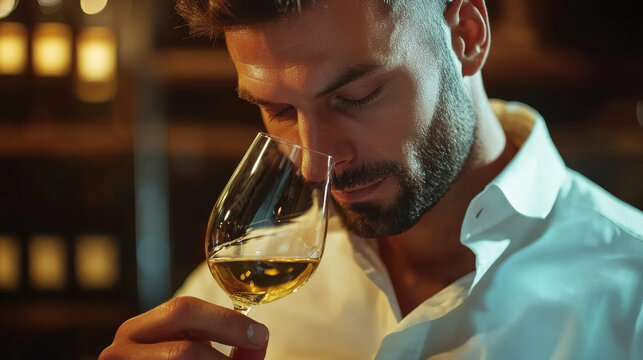 A man truly savoring the rich aroma of exquisite white wine in a beautifully designed wine cellar ambiance