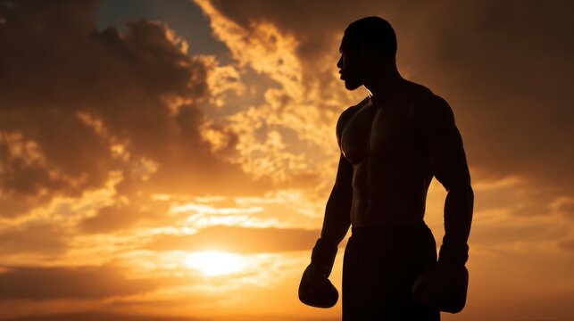 A man stands in the sun with his arms crossed, wearing boxing gloves. The sky is orange and the sun is setting