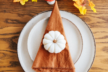 Seasonal dining table setting with pumpkin centerpiece and autumn colors