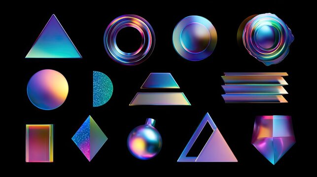 Stunning collection of iridescent geometric shapes and abstract 3D forms with vibrant holographic gradients, perfect for modern design and futuristic concepts.
