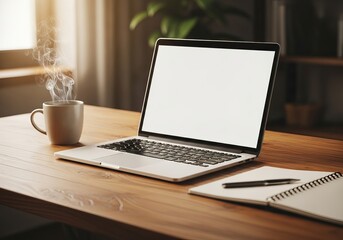 Comfortable Home Office Desk with Blank Laptop Screen, Hot Drink, and Notepad