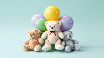 Adorable teddy bears and colorful balloons create a joyful celebration scene for children's events