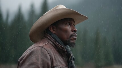 A man wearing a cowboy hat and a brown jacket is standing in the rain. He looks sad and is staring off into the distance