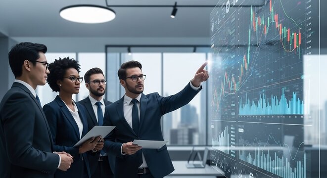 Business Team Analyzing Data on Interactive Display