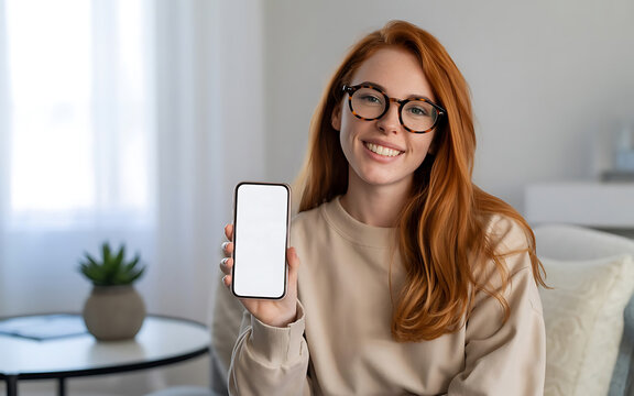 Mockup, happy young asian woman sitting at home showing smartphone with blank white screen for mobile advertisement or app design, digital marketing, closeup