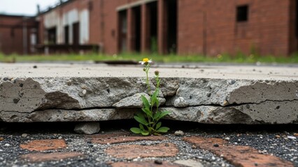 A single, delicate flower with a white and yellow center grows up through a crack in broken concrete.