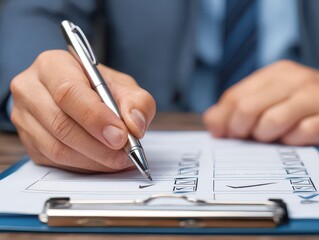 Businessmen use pen to check the appropriate sign in the checklist and clipboard task management, document management system (DMS) and process automation checkbox