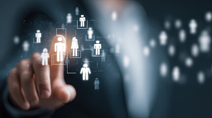 Professional selects ideal candidate from digital network, showcasing modern recruitment and talent management strategies in a tech-driven business environment.