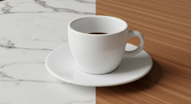 White coffee cup on marble and wood table for morning beverage drink photography and cafe concept image stock photo