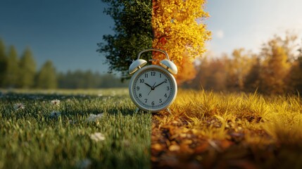 white vintage alarm clock centered between green summer field and golden autumn forest, split view showing the balance of seasons, symbolizing time change and daylight saving