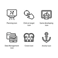 Planning, Click on target, Game developing, Data Management, Crown, Anchor, icon