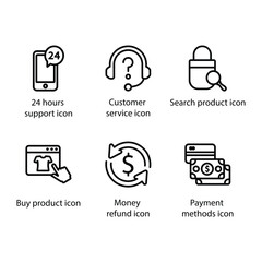 24 hours support, Customer service, Search product, Buy product, Money refund, Payment methods, icon