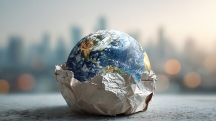 A paper ball with a globe on top of it. The globe is slightly deflated and the paper ball is crumpled. Concept of fragility and vulnerability, as the paper ball is easily crushed