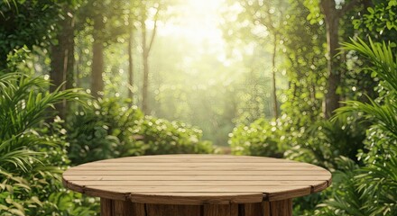 Wooden table in a lush green forest background for product display and nature themed presentations hundred 