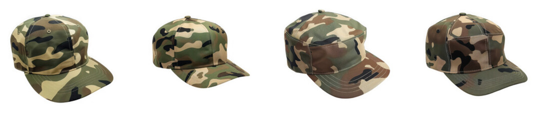 Camouflage pattern baseball cap, multiple angles, isolated on transparent background