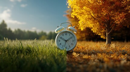 old-fashioned white alarm clock marking the shift from lush summer grass to golden autumn leaves, representing time change, daylight saving, and seasonal transition outdoors. Time lag.