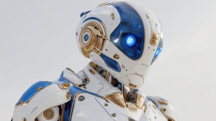 Fototapeta premium A robot with blue eyes and gold accents stands in front of a white background. The robot's design is futuristic and metallic, giving it a sleek and powerful appearance
