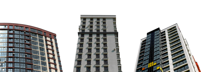 High apartment building with contemporary architecture and tall tower design. Modern multi story