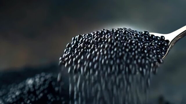 Close-up of black peppercorns in a silver spoon, emphasizing their texture and the common use as a flavor enhancer in cuisine.