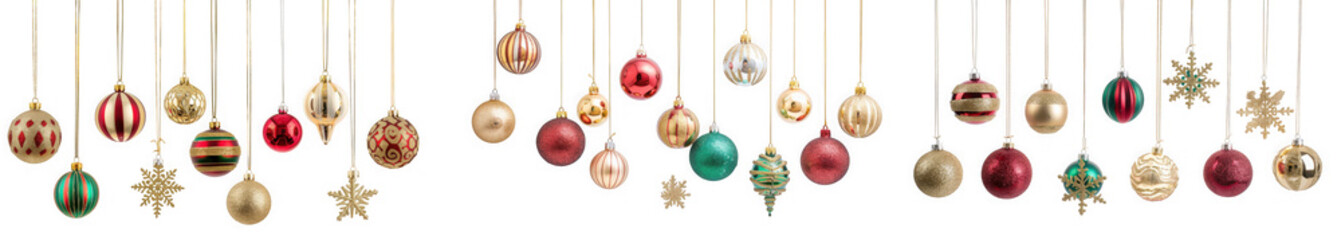 Collection of various christmas ornaments and decorations hanging, isolated on transparent background