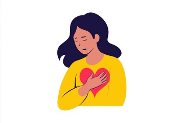 Obraz premium Woman Holding a Large Red Heart on Her Chest, Feeling Pain or Love