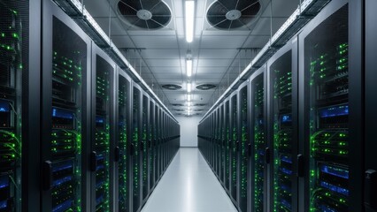 A corridor in a modern data center with rows of server racks with blue lights.