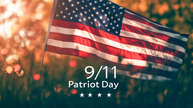 American flag waving against sunset with text patriot day 9-11. September 11 background banner