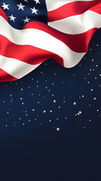 American flag on dark blue background with space for text. vertical banner, background for patriotic American themes