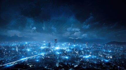 Fototapeta premium A cityscape with a blue sky and a few clouds. The city is lit up with bright lights, giving it a futuristic and modern feel