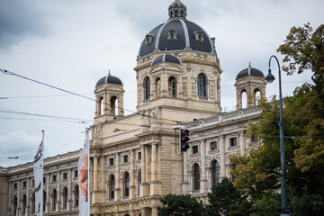 The grand, symmetrical facade of the Natural History Museum (Naturhistorisches Museum) in Vienna. The building is a prime example of Neo-Renaissance architecture