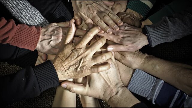 A moving portrayal of teamwork, showing hands from people of all ages, races, and backgrounds joined together in trust and cooperation