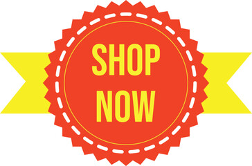 Shop Now text on a red starburst badge with yellow ribbon on white lettering call to action