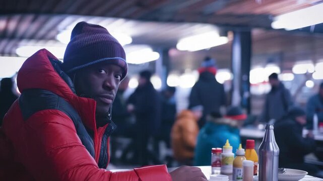 Man in warm winter jacket and hat sits at table with condiments, looking out thoughtfully in a public indoor space.