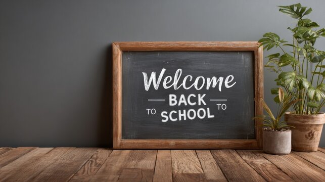 A chalkboard with the words "Welcome back to school" written on it. The chalkboard is framed and placed on a wooden table. There is a potted plant next to the chalkboard