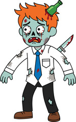 Cartoon Zombie with Orange Hair, Torn Shirt, Blue Tie, Knife in Back, Bottle in Head, Bloody Wounds, PNG, Halloween Character