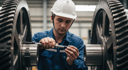 Skilled engineer in hard hat meticulously measures large industrial gear components