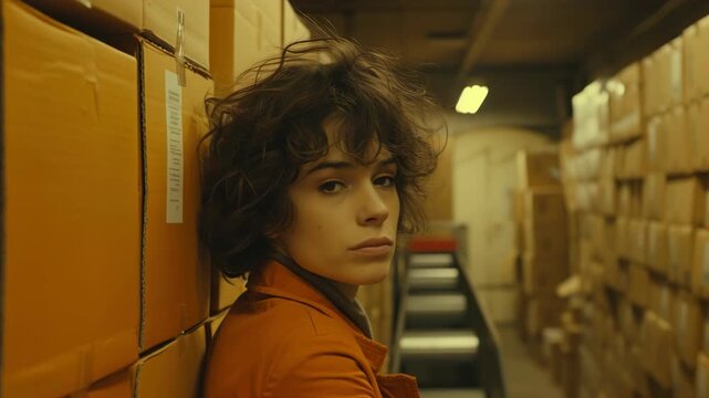 Young person looking thoughtfully in a warehouse aisle filled with stacked cardboard boxes, reflecting on a parcel.
