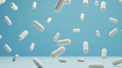 White pills falling from above on a soft blue background. Medicine capsules suspended in the air, symbolizing hope and health treatment. - Powered by Adobe