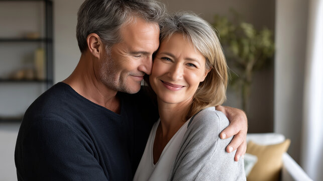 Cozy living room with a smiling middle-aged couple