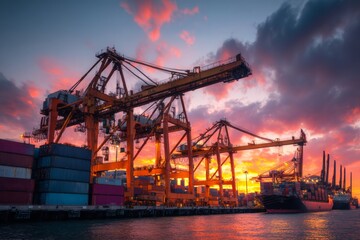 Fototapeta premium Cranes tower over a busy shipping port as they load containers onto cargo ships. The sunset casts a brilliant array of colors in the sky, creating a striking backdrop for the industrial activity
