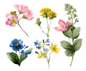 Delicate floral illustration featuring a collection of various blossoms in vibrant hues of pink, yellow, and blue, set against a stark black background. 