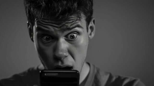 Man with facial expression of disbelief looking at a phone.